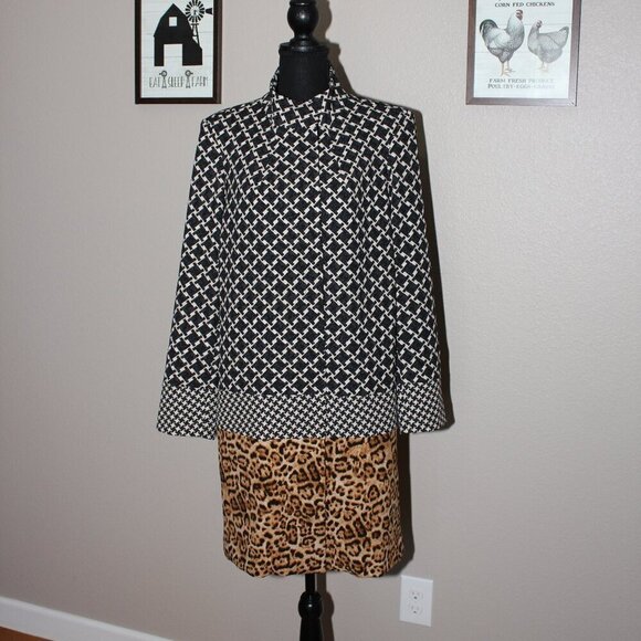 Dennis Basso Womens Animal Print Houndstooth Long Snap Front Jacket Size 14 - Picture 1 of 9